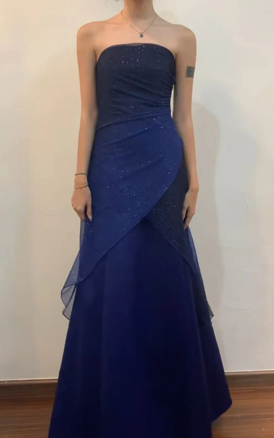 TingPo Wholesale Vintage A line Strapless Navy Blue Long Prom Dress