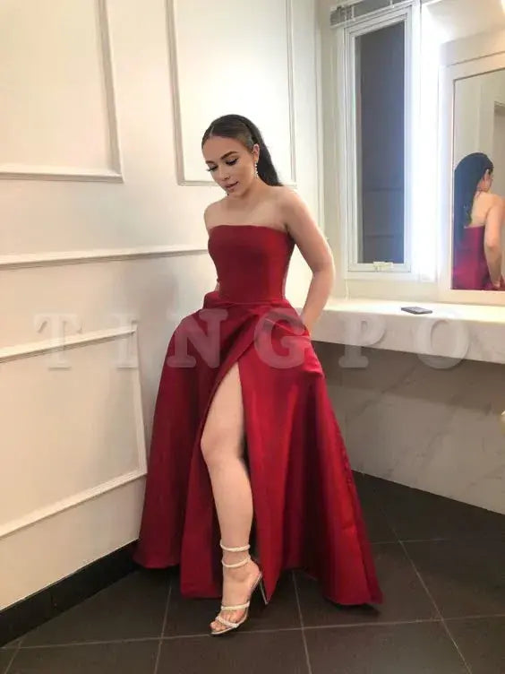 Wholesale Vintage A line Strapless Sleeveless Burgundy Slit Long Prom Dresses Evening Dress formal wear dresses ﻿
