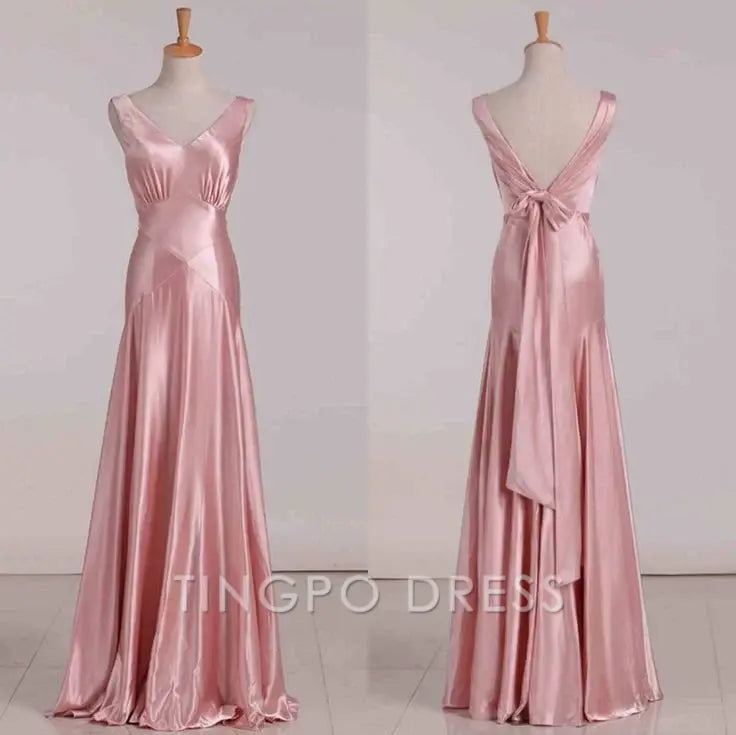 TingPo Wholesale Vintage Mermaid V Neckline Pink Satin Long Prom Dresses Party Evening Dress