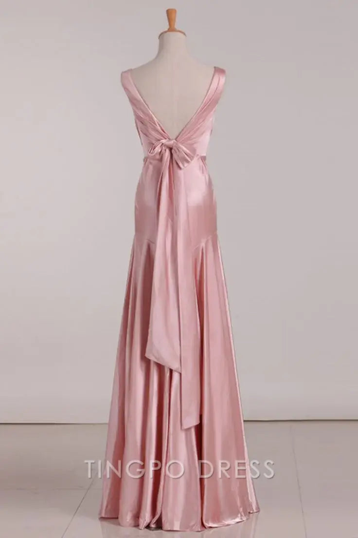 TingPo Wholesale Vintage Mermaid V Neckline Pink Satin Long Prom Dresses Party Evening Dress