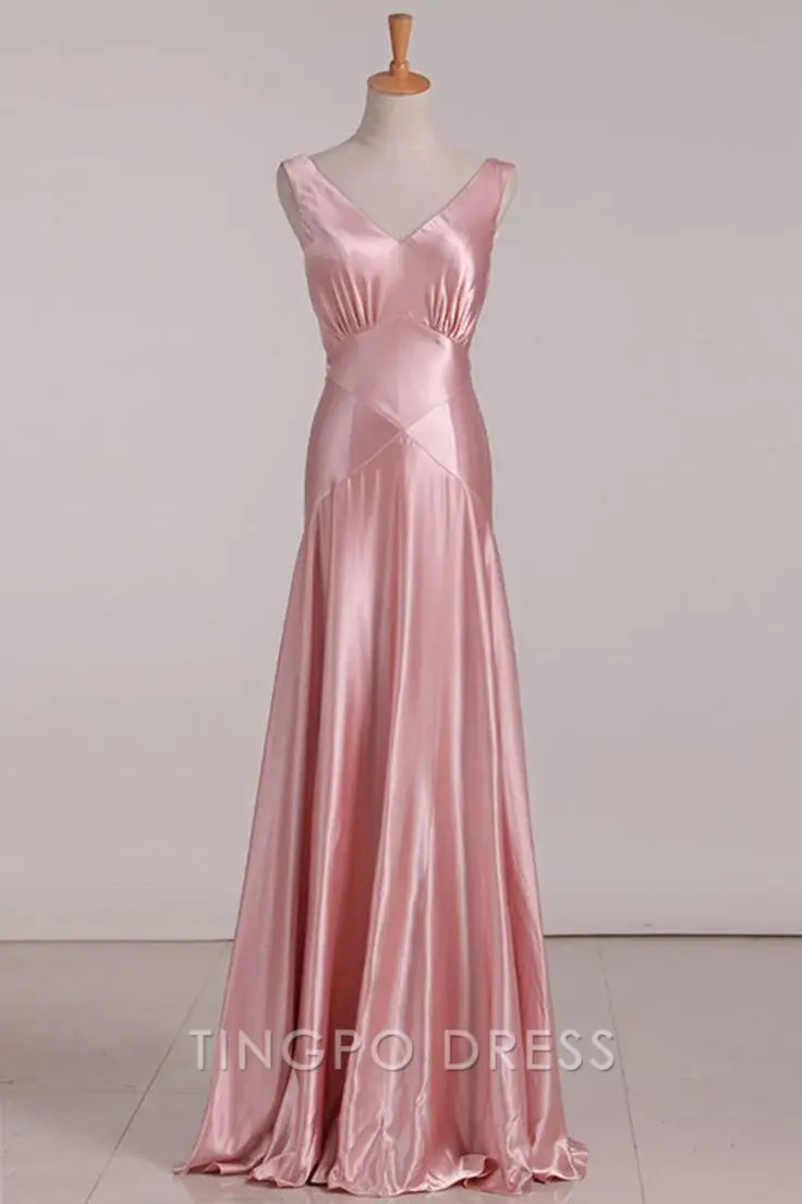 TingPo Wholesale Vintage Mermaid V Neckline Pink Satin Long Prom Dresses Party Evening Dress