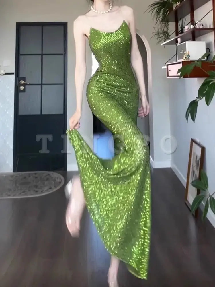 Wholesale Vintage Sheath Spaghetti Straps Green Sequin Long Evening Dress Prom Dresses gowns evening dresses