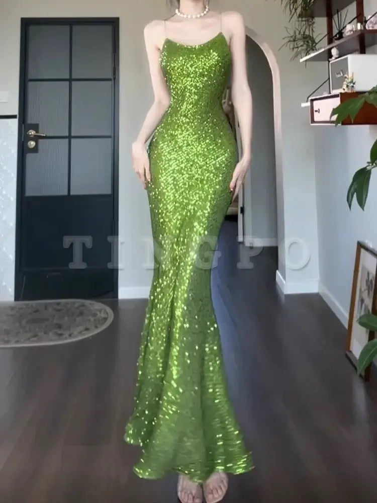 Wholesale Vintage Sheath Spaghetti Straps Green Sequin Long Evening Dress Prom Dresses gowns evening dresses