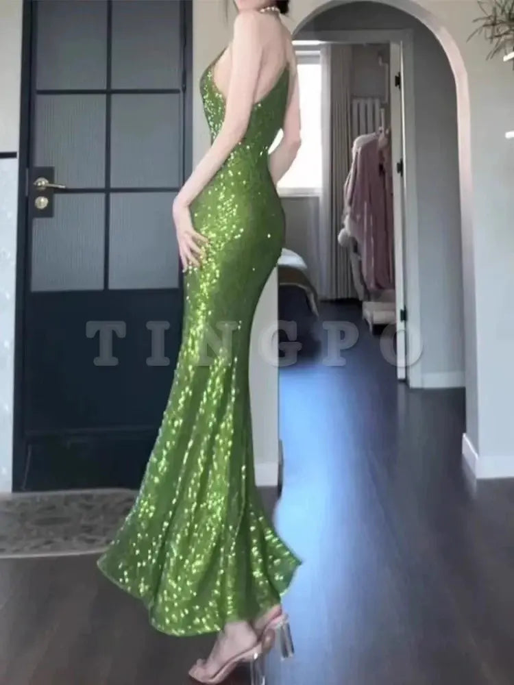 Wholesale Vintage Sheath Spaghetti Straps Green Sequin Long Evening Dress Prom Dresses gowns evening dresses