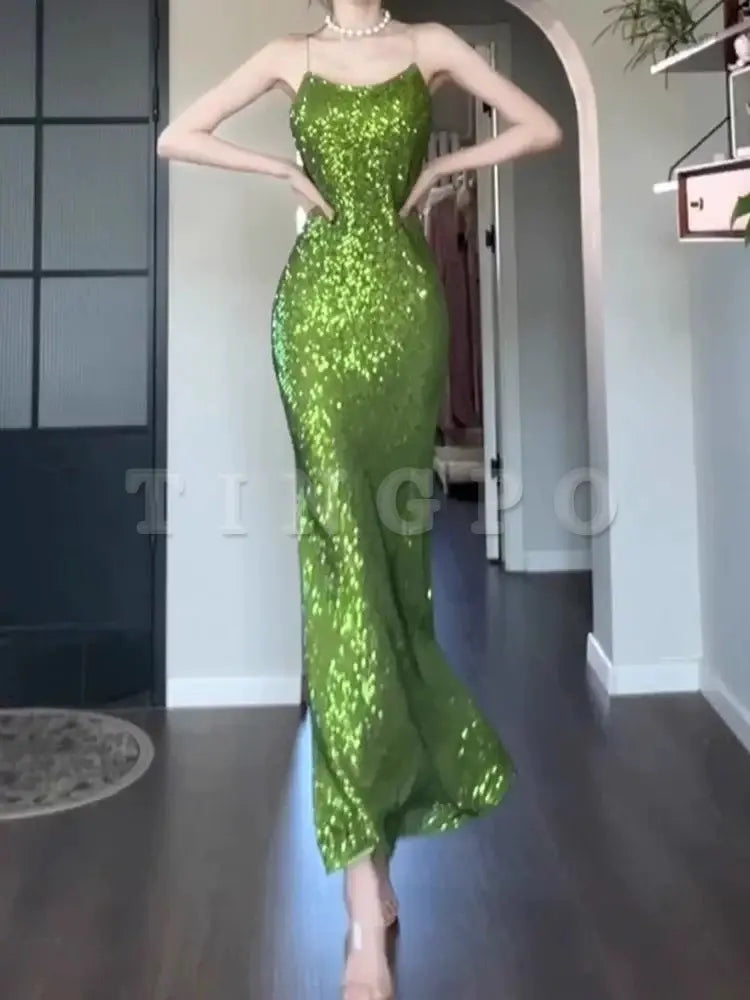 Wholesale Vintage Sheath Spaghetti Straps Green Sequin Long Evening Dress Prom Dresses gowns evening dresses