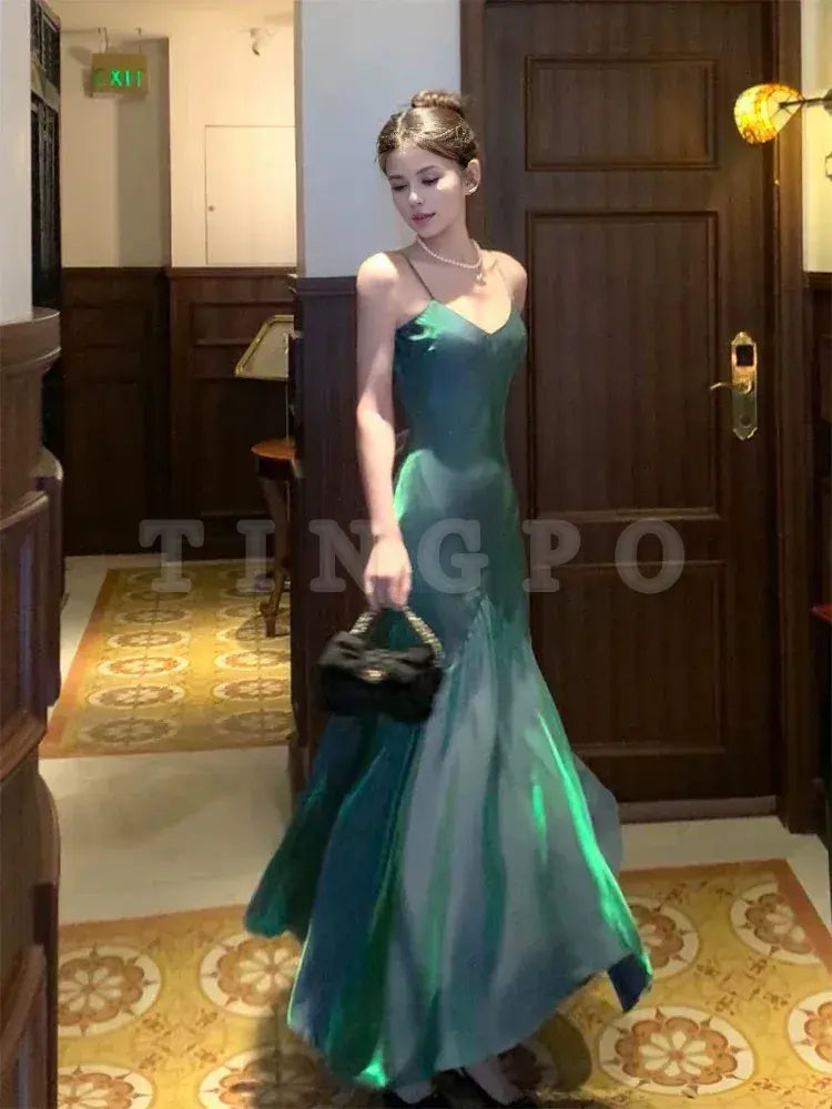 Wholesale Vintage Sheath Spaghetti Straps Sleeveless Green Long Prom Dresses Evening Dress formal wear dresses