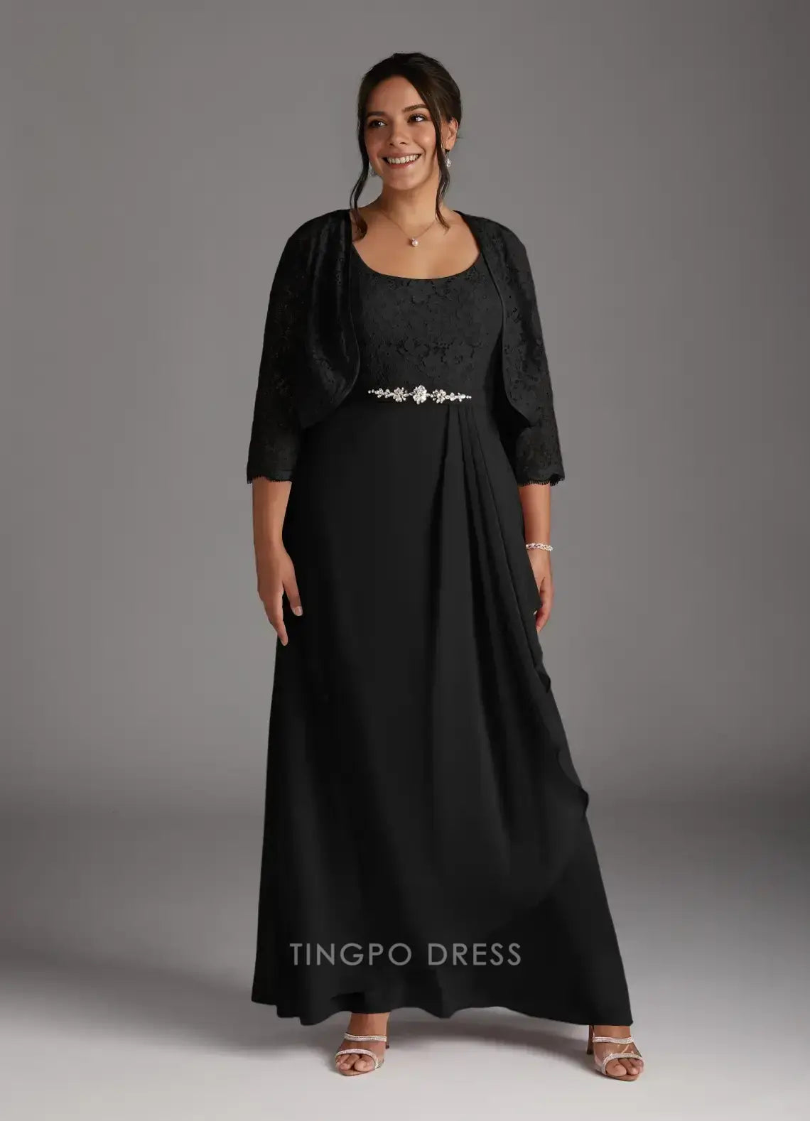 Vintage plus size Two Piece Scoop 3/4 Sleeve Back Zip Floor-Length Mother of the Bride Dress