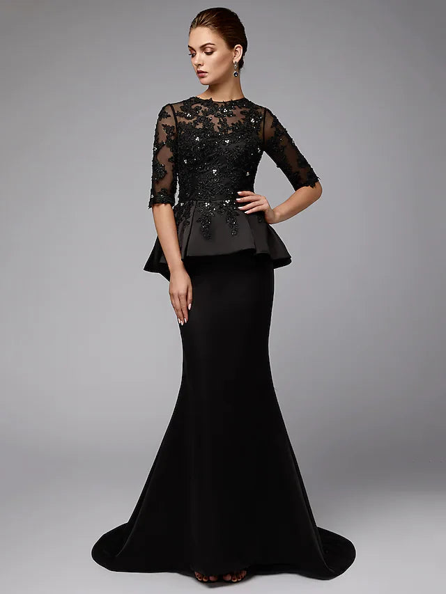 Wholesale Mother of the Bride Dress Sexy See Through Jewel Neck Lace Satin Half Sleeve with Beading Appliques