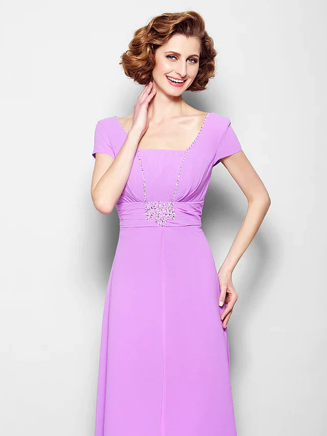 Wholesale A-Line Mother of the Bride Dress Lace Up Square Neck Floor Length Georgette Short Sleeve with Ruched Beading