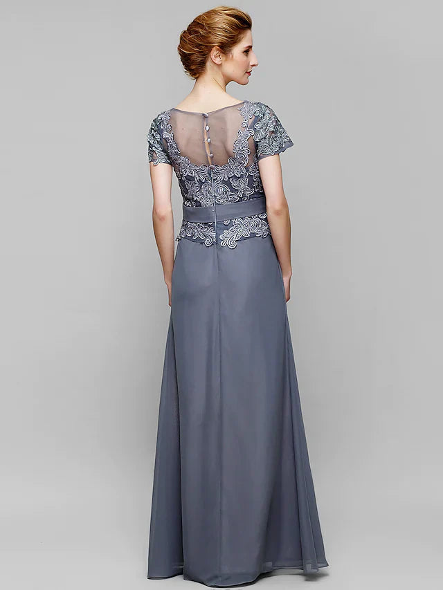 Wholesale Mother of the Bride Dress Elegant V Neck Floor Length Chiffon Lace Short Sleeve with Lace