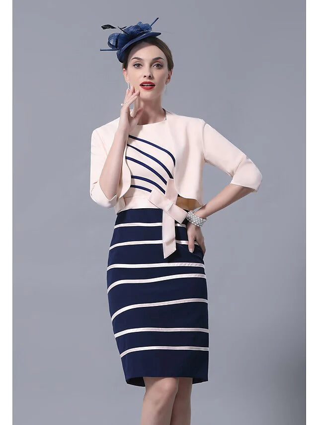 Wholesale Mother of the Bride Dress Elegant Jewel Neck Knee Length Satin 3/4 Length Sleeve with Sash Ribbon Bow(s)