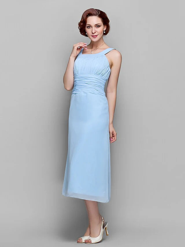 Wholesale Mother of the Bride Dress Elegant Straps Tea Length Chiffon Sleeveless with Ruched Draping