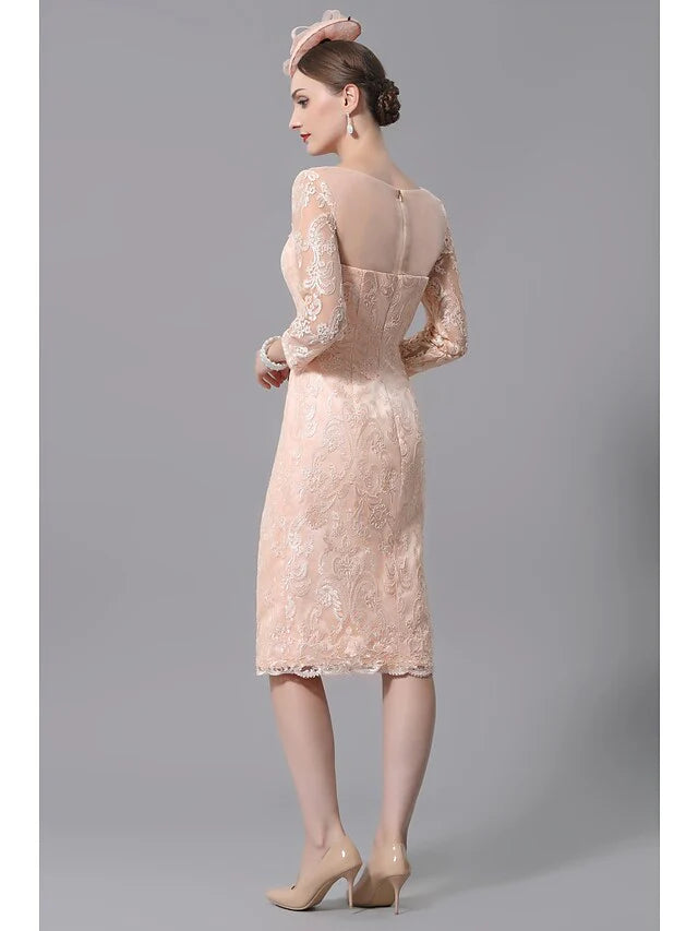 Wholesale Mother of the Bride Dress Plus Size Sexy See Through Bateau Neck Knee Length Lace 3/4 Length Sleeve with Pleats Appliques