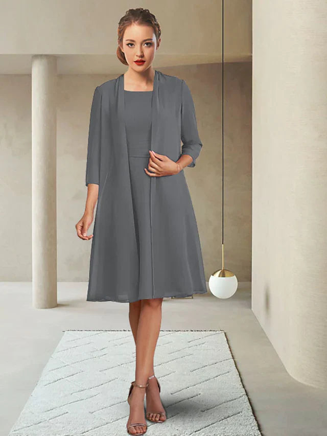 Wholesale Mother of the Bride Dress Elegant Jewel Neck Knee Length Chiffon Length Sleeve with Ruching