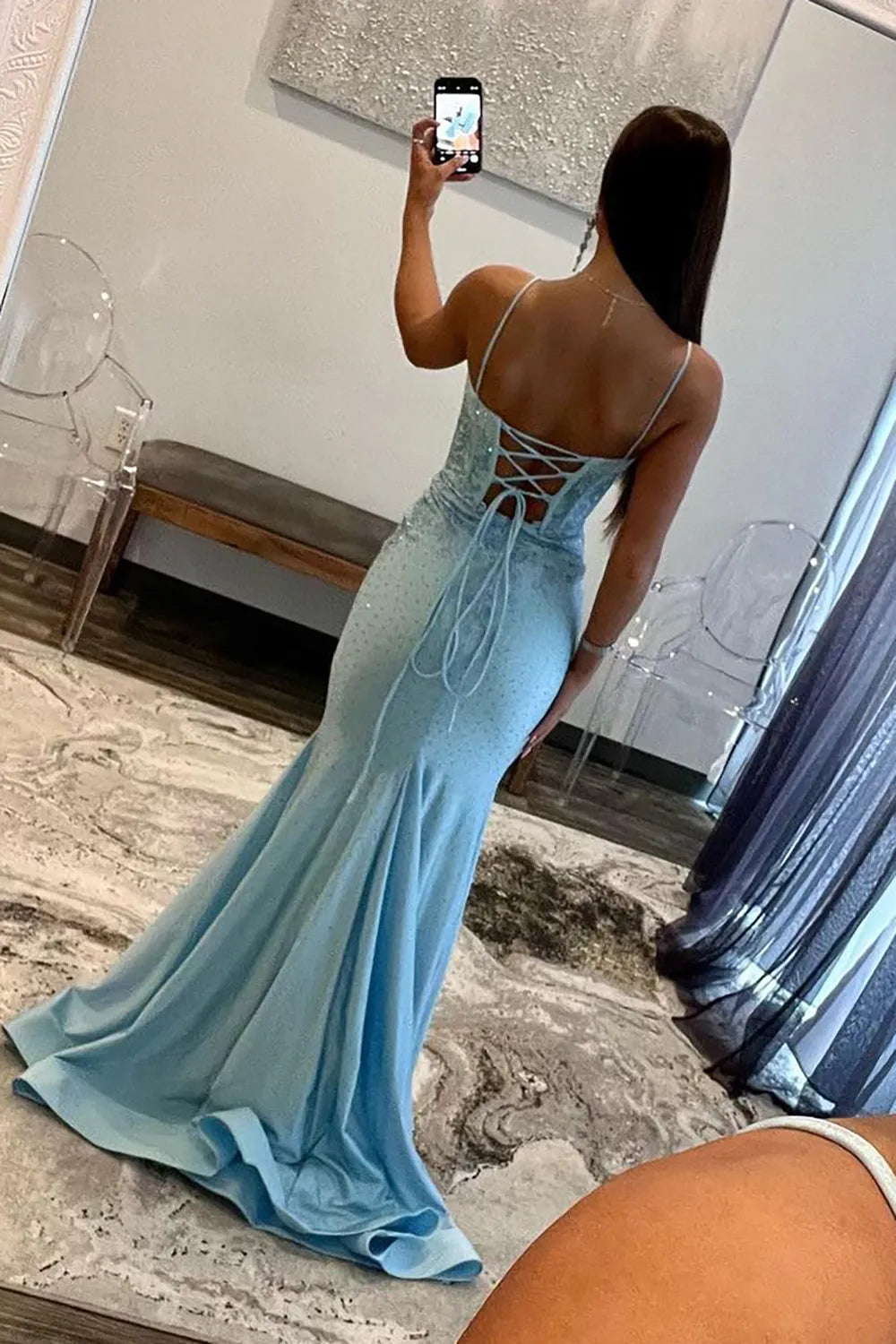 Wholesale Glitter Light Blue Spaghetti Straps Mermaid Lace Up Long Prom Dress with Slit prom dresses shops
