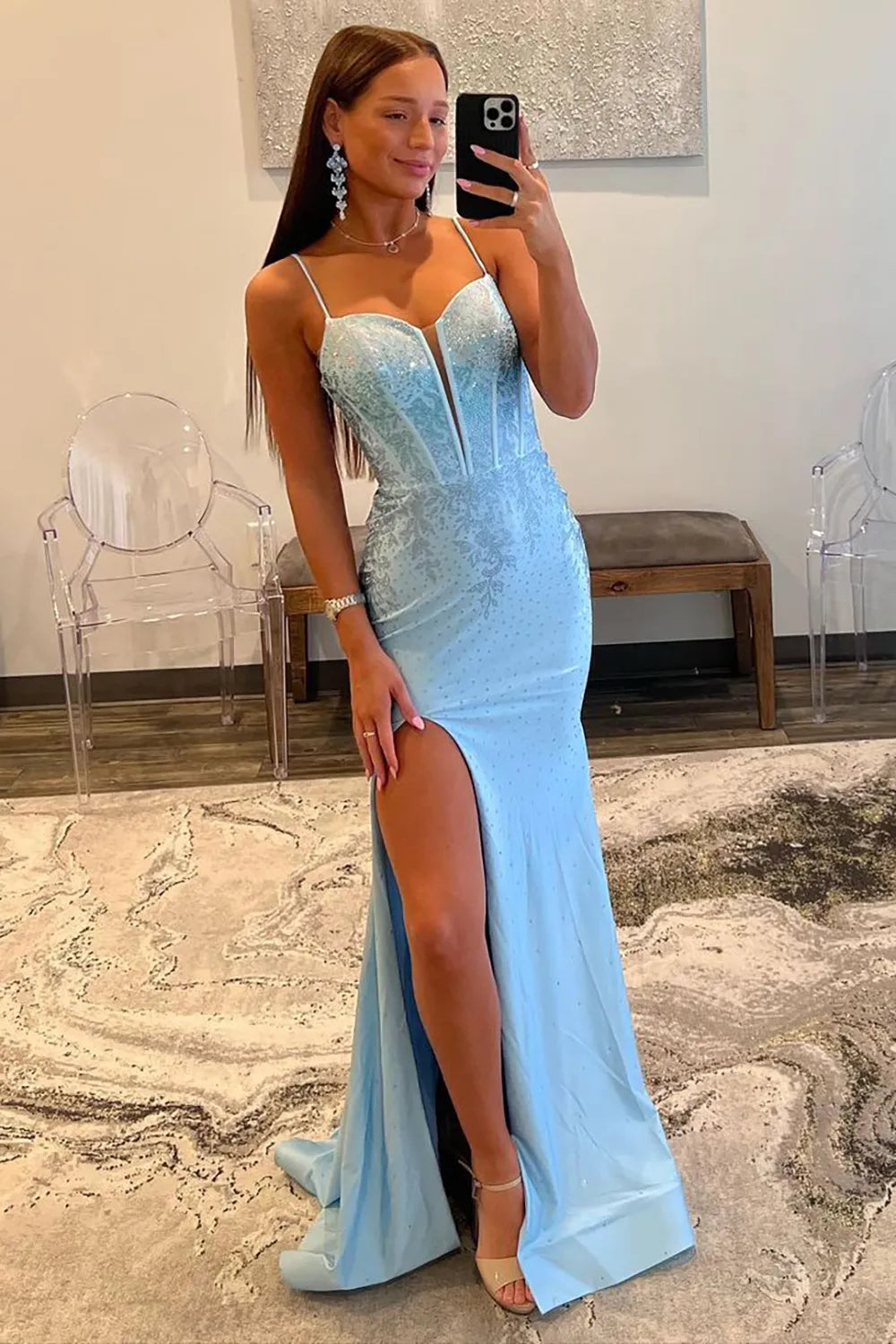 Wholesale Glitter Light Blue Spaghetti Straps Mermaid Lace Up Long Prom Dress with Slit prom dresses shops
