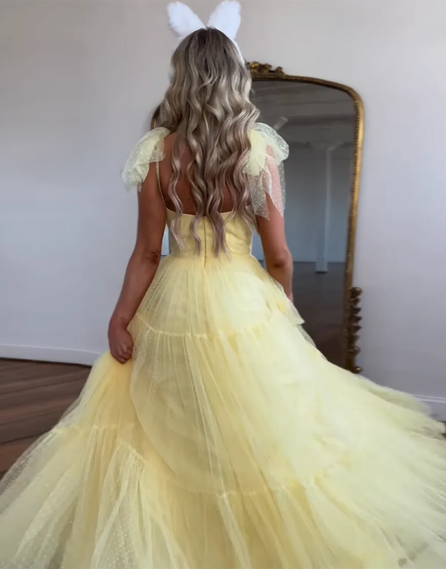 Wholesale Yellow A-Line Tie Straps Zipper Back Long Tulle Prom Dress prom dresses shops