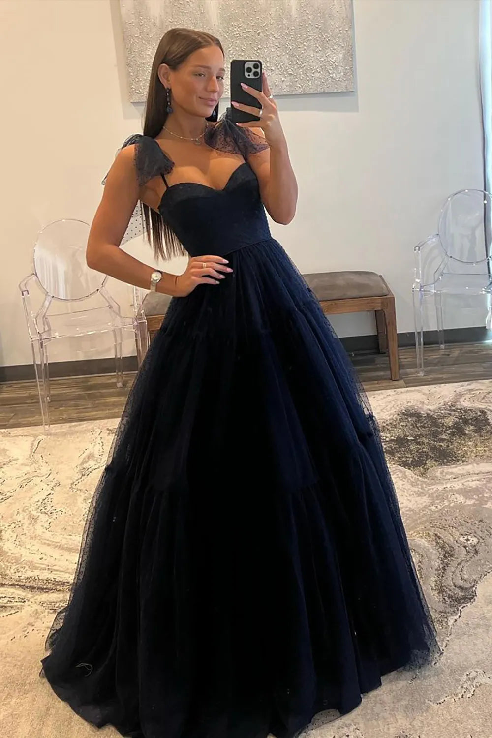 Wholesale Dark Navy A-Line Tie Straps Zipper Back Long Tulle Prom Dress prom dresses shops