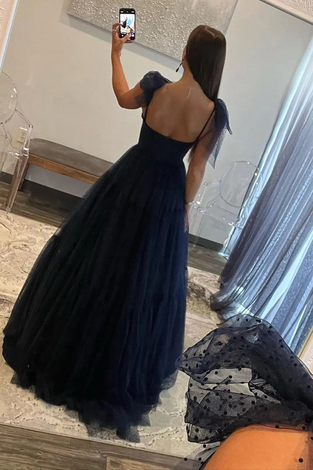 Wholesale Dark Navy A-Line Tie Straps Zipper Back Long Tulle Prom Dress prom dresses shops