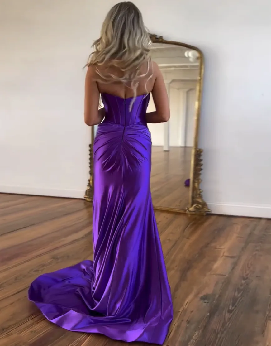 Wholesale Newly Mermaid Sweetheart Long Corset Satin Prom Dress With Split prom dresses with long sleeves