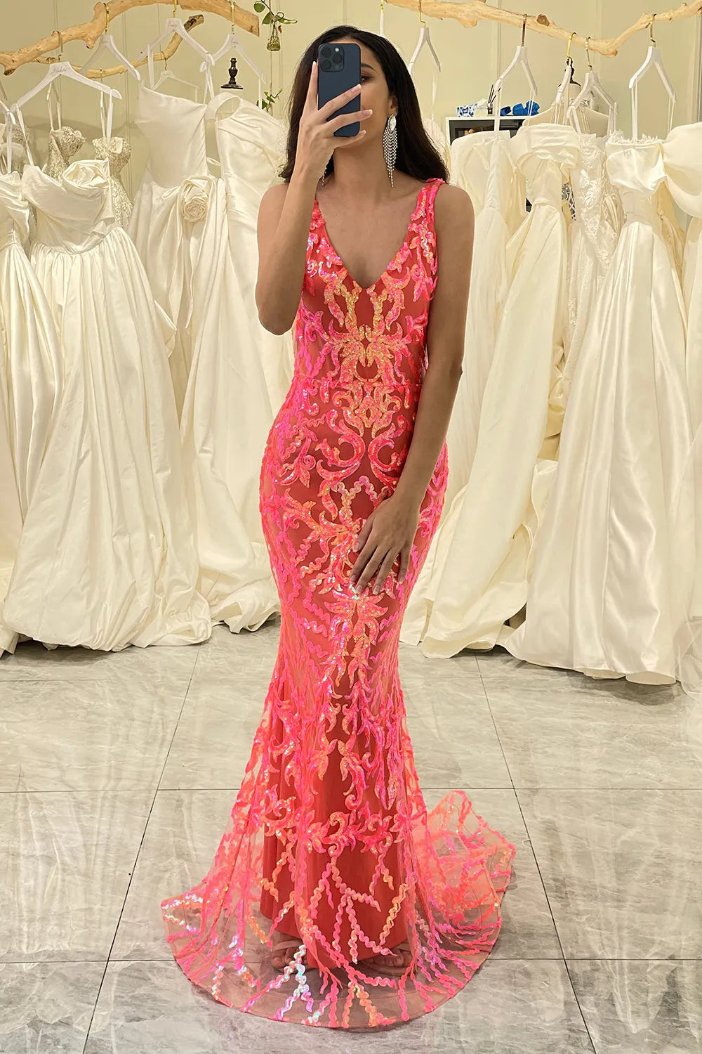 Wholesale Sparkly Coral Mermaid V-Neck Long Corset Prom Dress With Sequin prom dresses with long sleeves