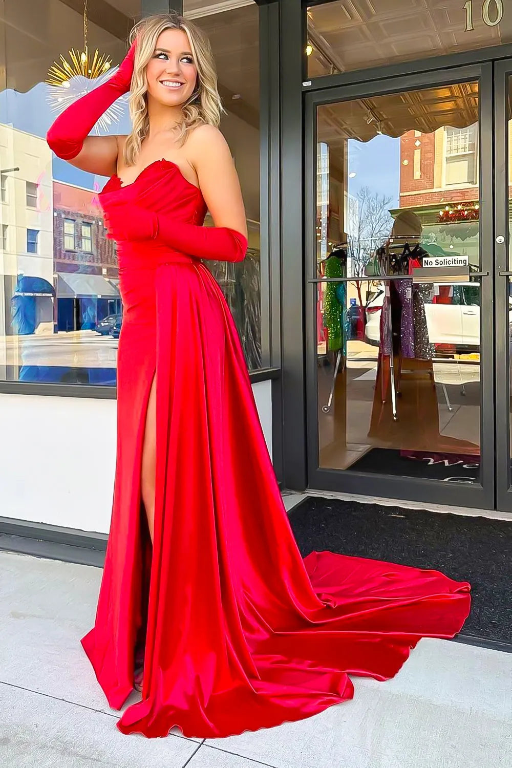 Wholesale Red Satin Mermaid Sweetheart Backless Long Prom Dress With Split prom clothing
