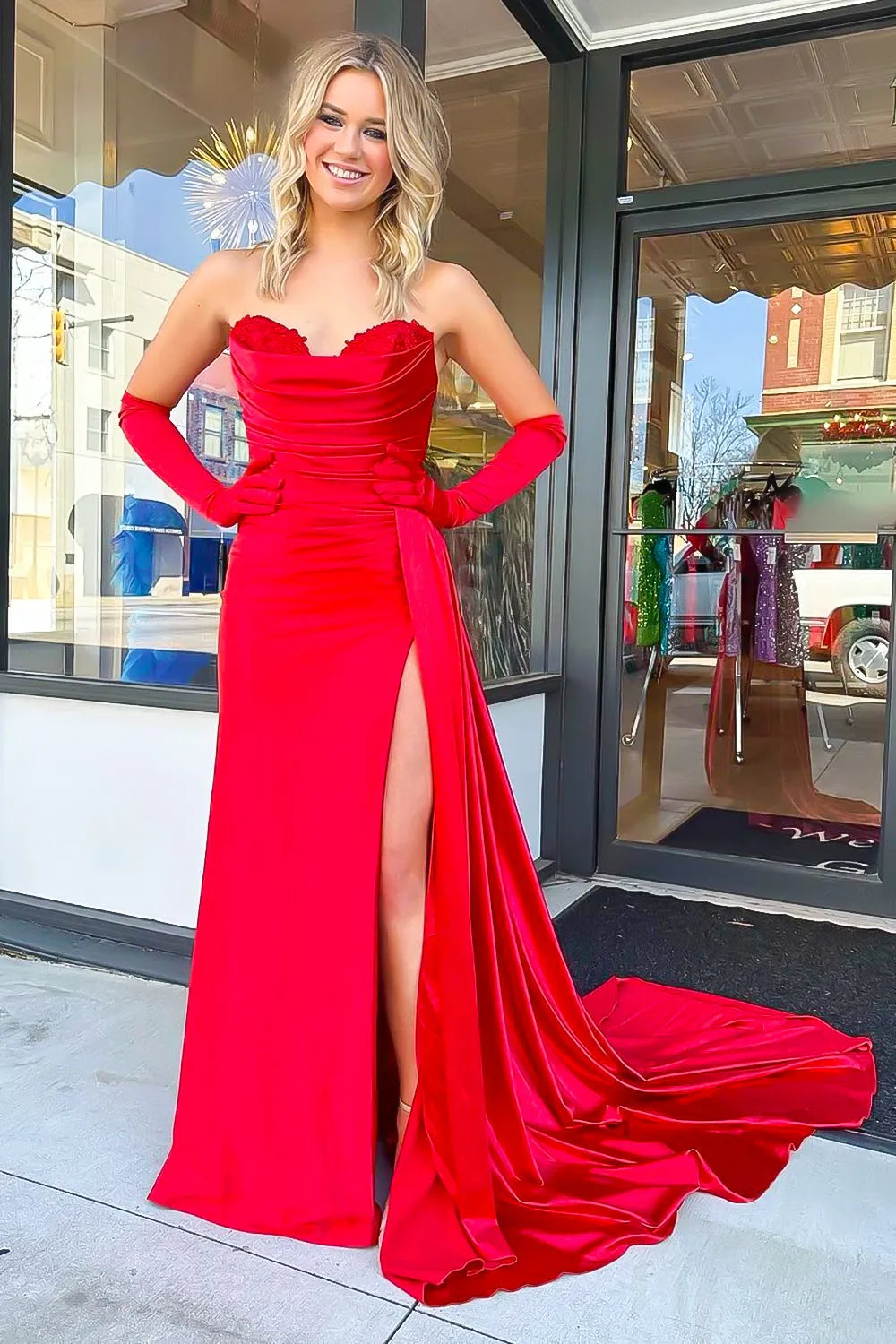 Wholesale Red Satin Mermaid Sweetheart Backless Long Prom Dress With Split prom clothing