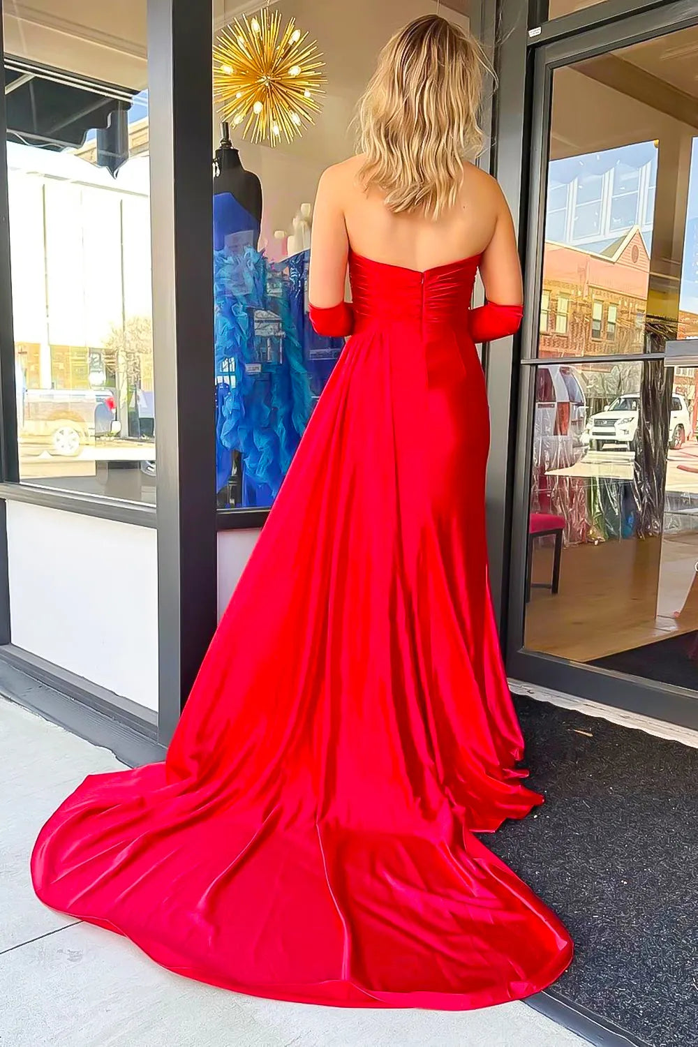 Wholesale Red Satin Mermaid Sweetheart Backless Long Prom Dress With Split prom clothing