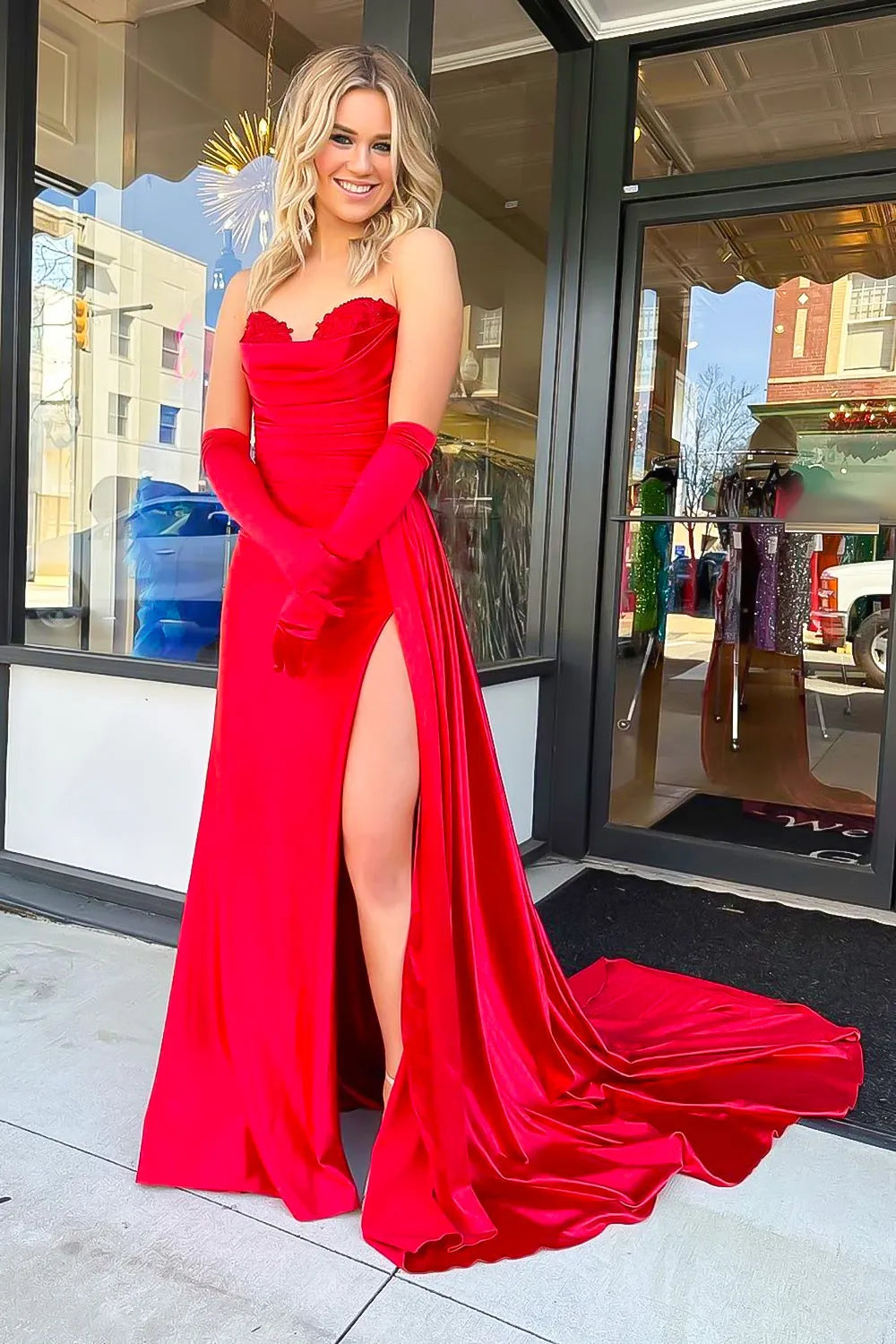 Wholesale Red Satin Mermaid Sweetheart Backless Long Prom Dress With Split prom clothing