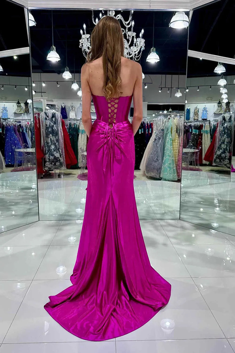 Wholesale Stylish Mermaid Strapless Lace Up Long Satin Prom Dress With Split prom dresses with long sleeves