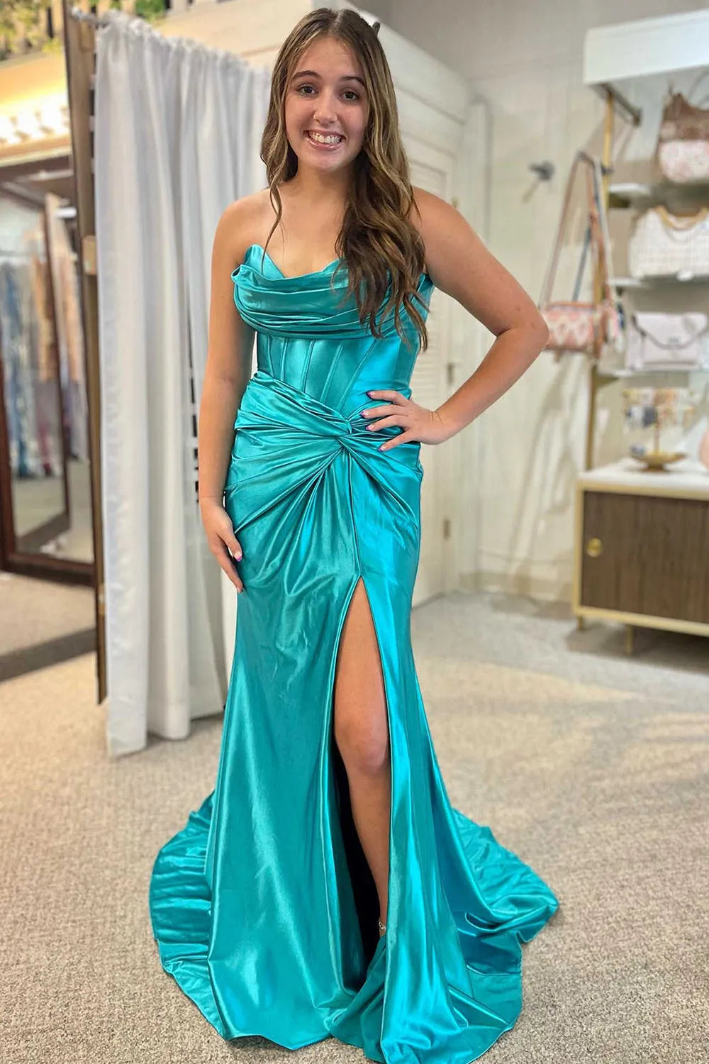 Wholesale Stylish Mermaid Strapless Lace Up Long Satin Prom Dress With Split prom dresses with long sleeves