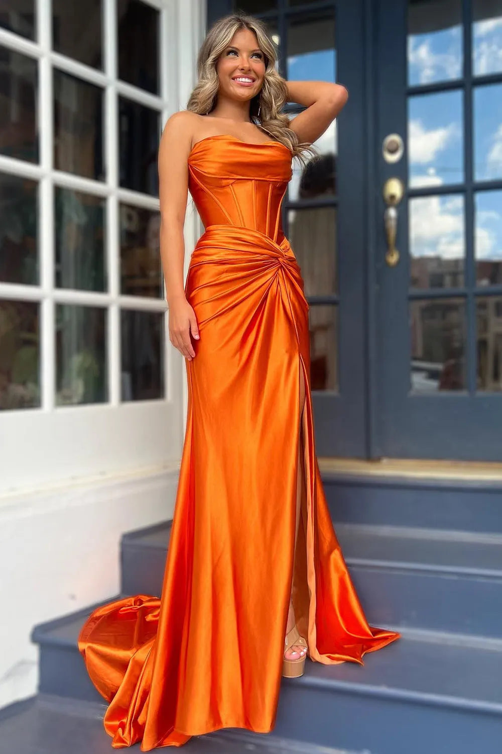 Wholesale Stylish Mermaid Strapless Lace Up Long Satin Prom Dress With Split prom dresses with long sleeves