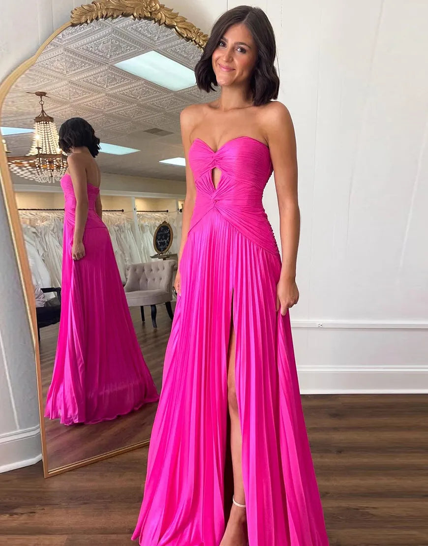 Wholesale Fuchsia A-Line Strapless Ruched Hollow Out Long Prom Dress with Slit