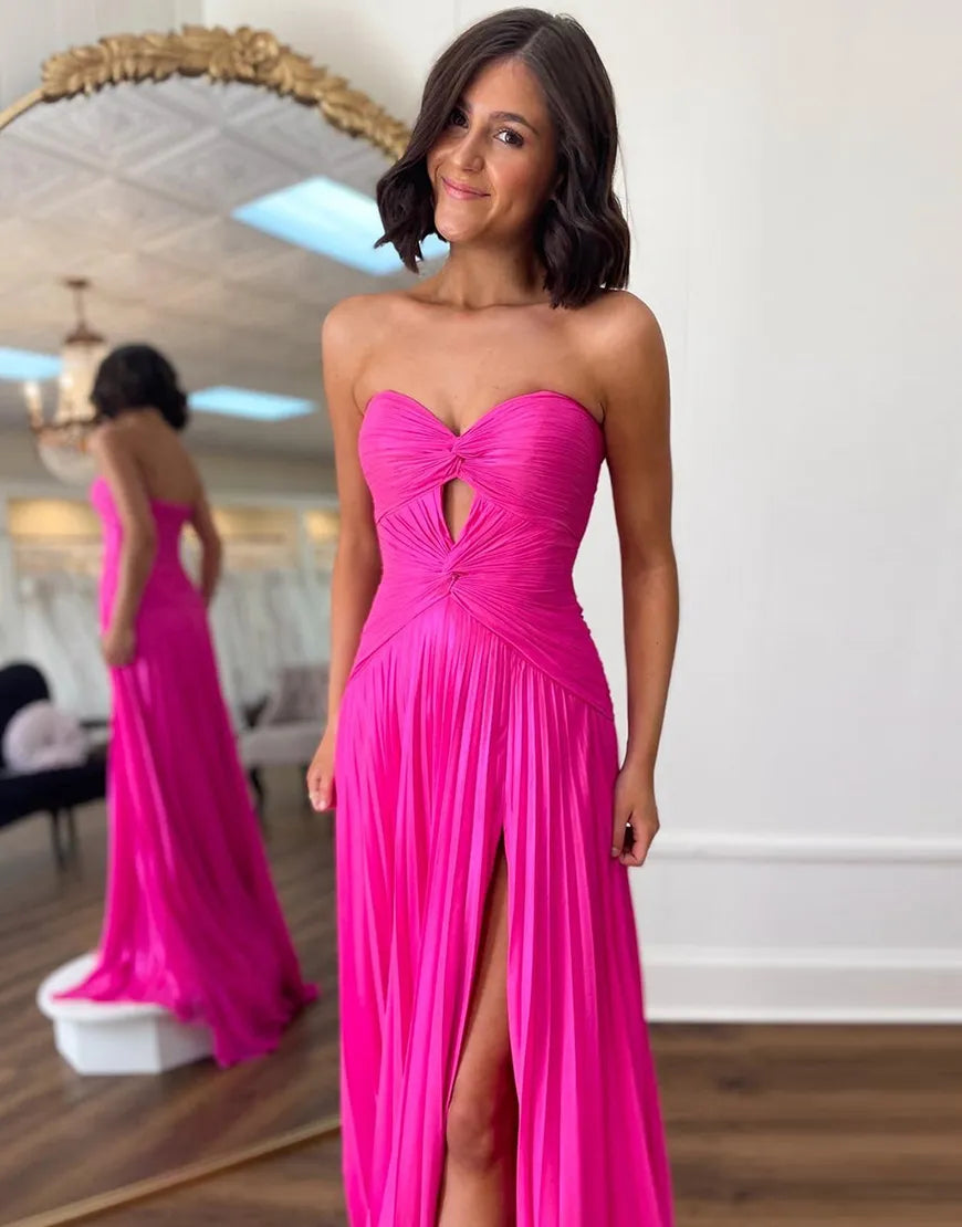 Wholesale Fuchsia A-Line Strapless Ruched Hollow Out Long Prom Dress with Slit