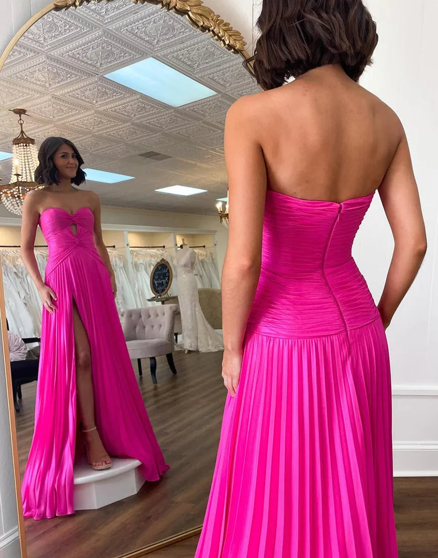 Wholesale Fuchsia A-Line Strapless Ruched Hollow Out Long Prom Dress with Slit