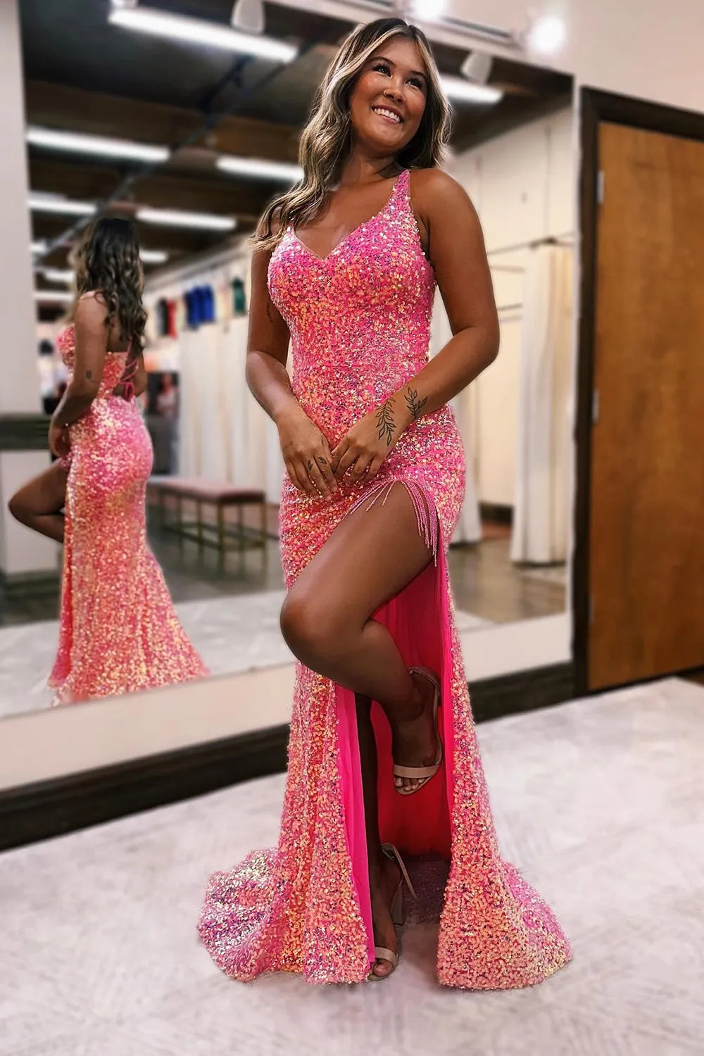 Wholesale Sparkly Coral Lace-Up Back Long Sequin Prom Dress with Fringe prom dresses with long sleeves