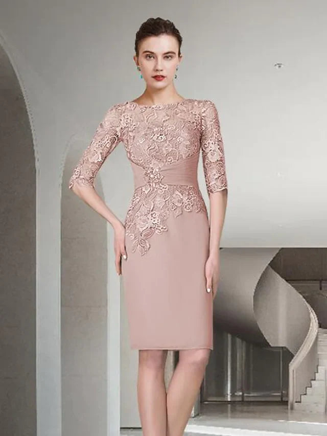 Wholesale Mother of the Bride Dress Elegant Jewel Neck Knee Length Chiffon Lace Half Sleeve with Ruched Appliques