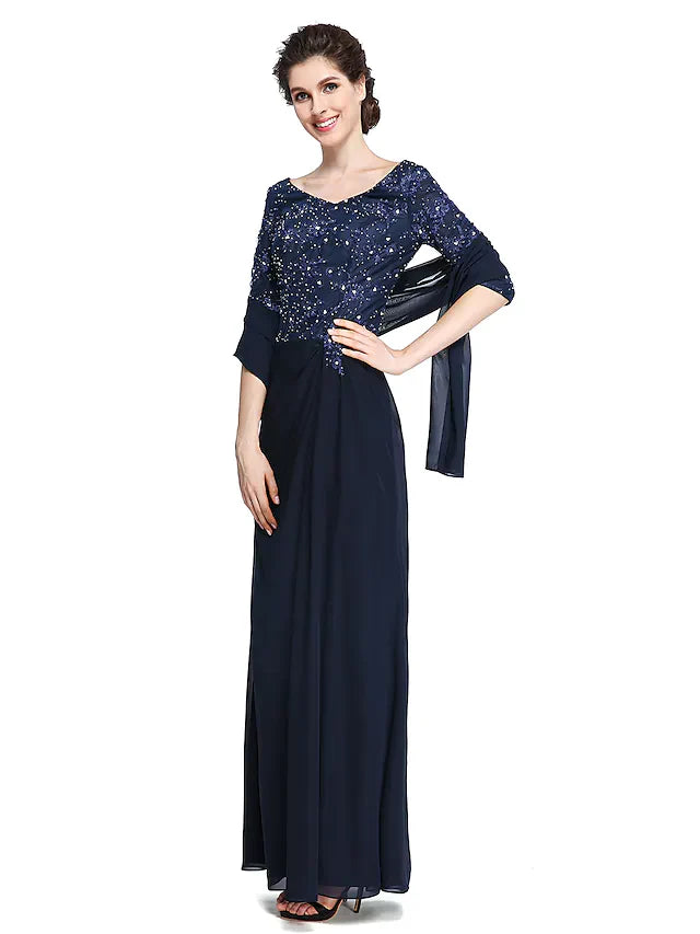 Wholesale Mother of the Bride Dress Elegant V Neck Ankle Length Chiffon Lace Half Sleeve with Lace