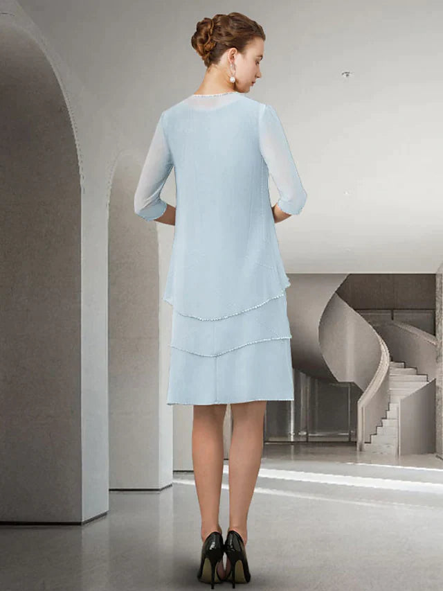 Wholesale Mother of the Bride Dress Elegant Jewel Neck Knee Length Chiffon Lace Half Sleeve with Beading Ruffles