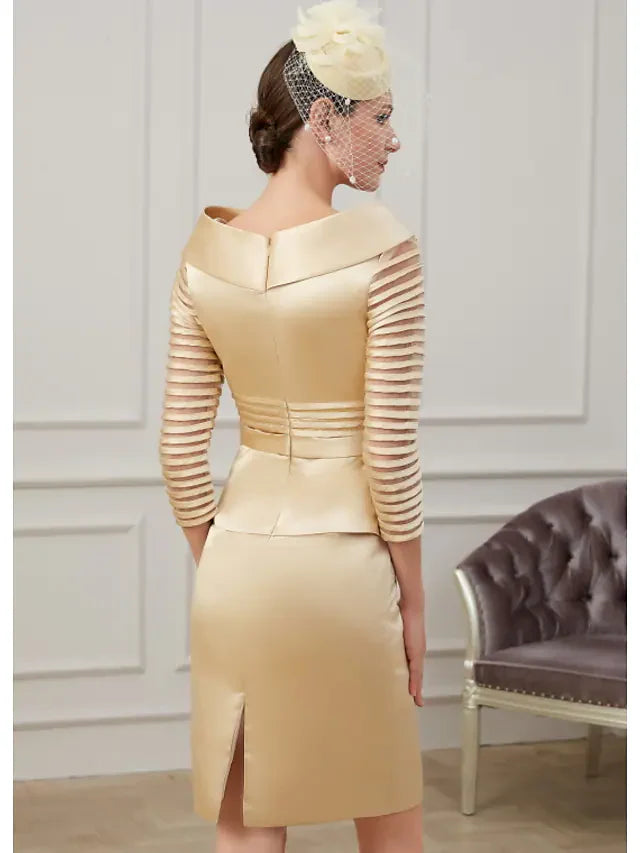 Wholesale Mother of the Bride Dress Plus Size Off Shoulder Knee Length Polyester 3/4 Length Sleeve with Ruching