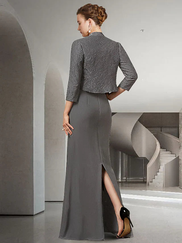 Wholesale Mother of the Bride Dress Elegant Jewel Neck Floor Length Chiffon Lace Half Sleeve with Appliques