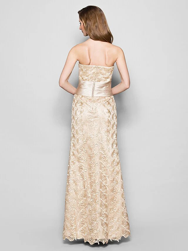 Wholesale Mother of the Bride Dress Wrap Included Sweetheart Neckline Floor Length Lace Satin 3/4 Length Sleeve with Sash Ribbon Ruched