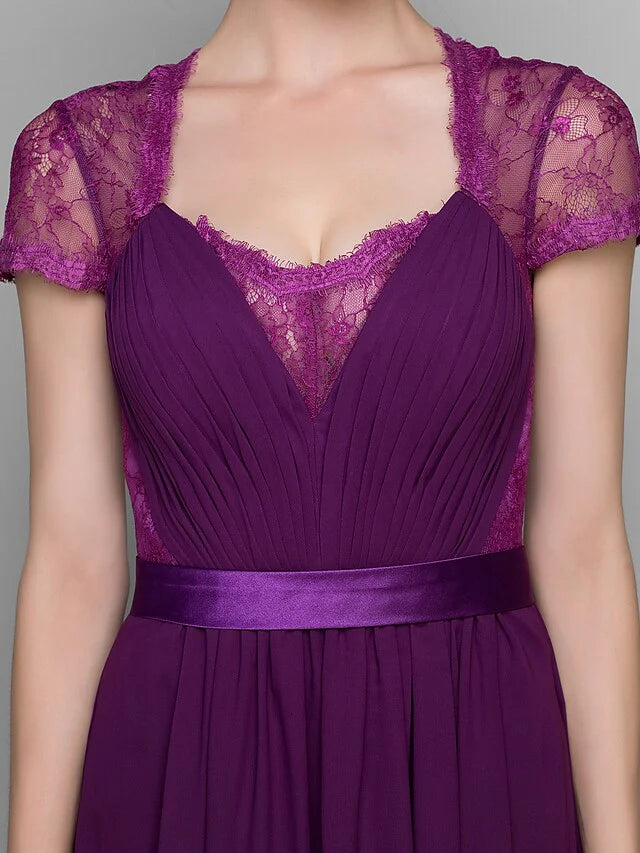 Wholesale A-Line Mother of the Bride Dress Square Neck Floor Length Chiffon Lace Short Sleeve with Lace