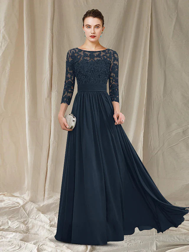Wholesale A-Line Mother of the Bride Dress Elegant Jewel Neck Floor Length Chiffon Lace Length Sleeve with Pleats Appliques
