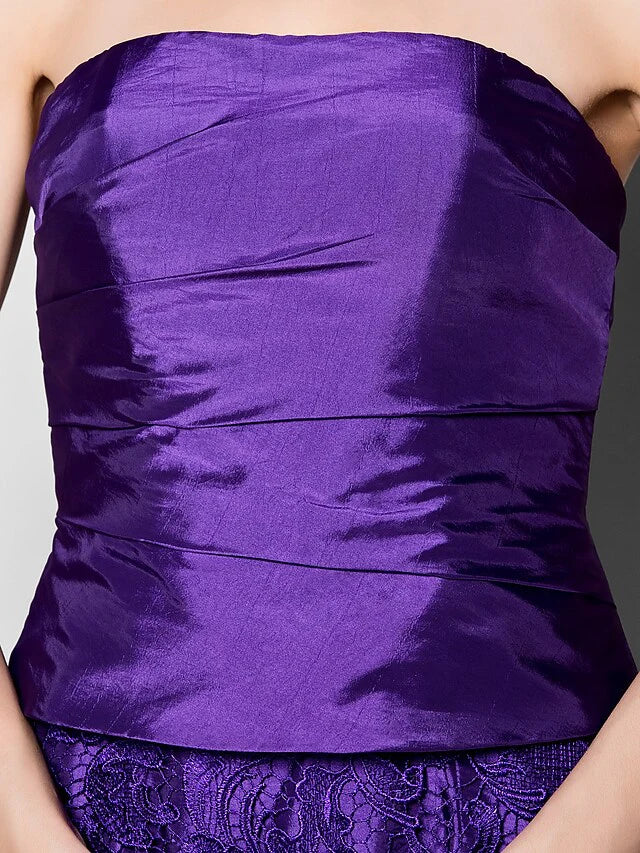 Wholesale Mother of the Bride Dress Strapless Knee Length Lace Taffeta Sleeveless with Lace Pleats