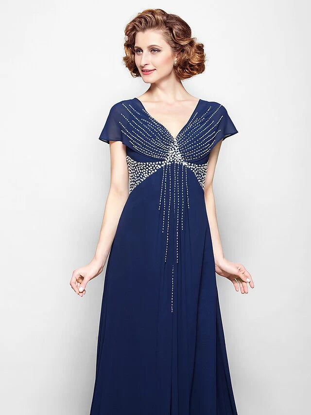 Wholesale A-Line Mother of the Bride Dress V Neck Court Train Georgette Short Sleeve with Beading Sequin