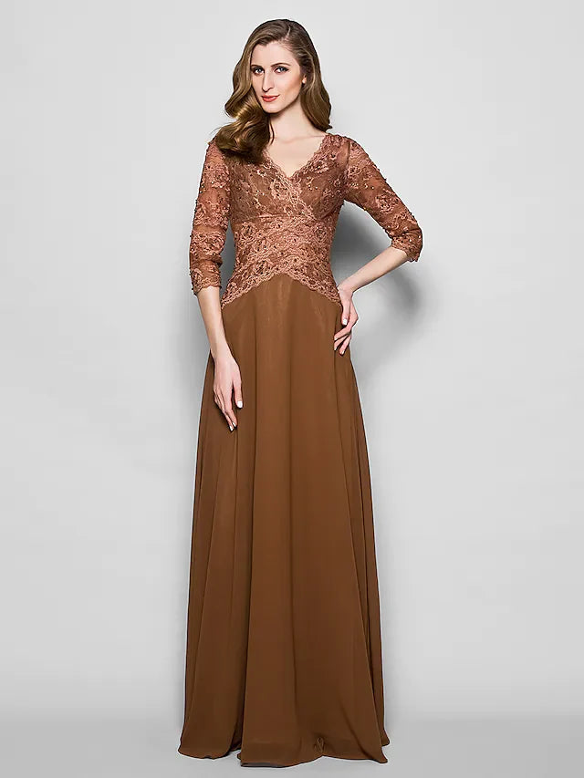 Wholesale A-Line Mother of the Bride Dress V Neck Floor Length Lace Georgette Length Sleeve with Lace Beading