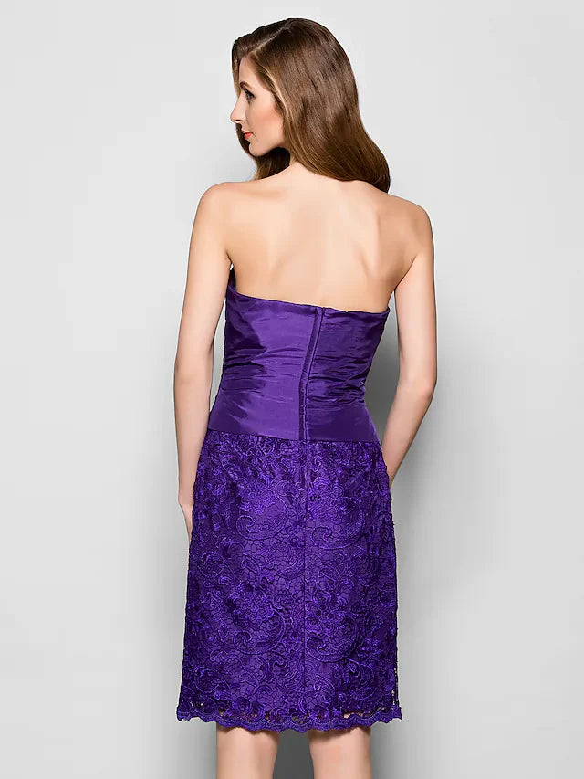 Wholesale Mother of the Bride Dress Strapless Knee Length Lace Taffeta Sleeveless with Lace Pleats