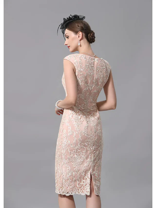 Wholesale Two Piece A-Line Mother of the Bride Dress Wrap Included Jewel Neck Knee Length Lace Half Sleeve with Appliques