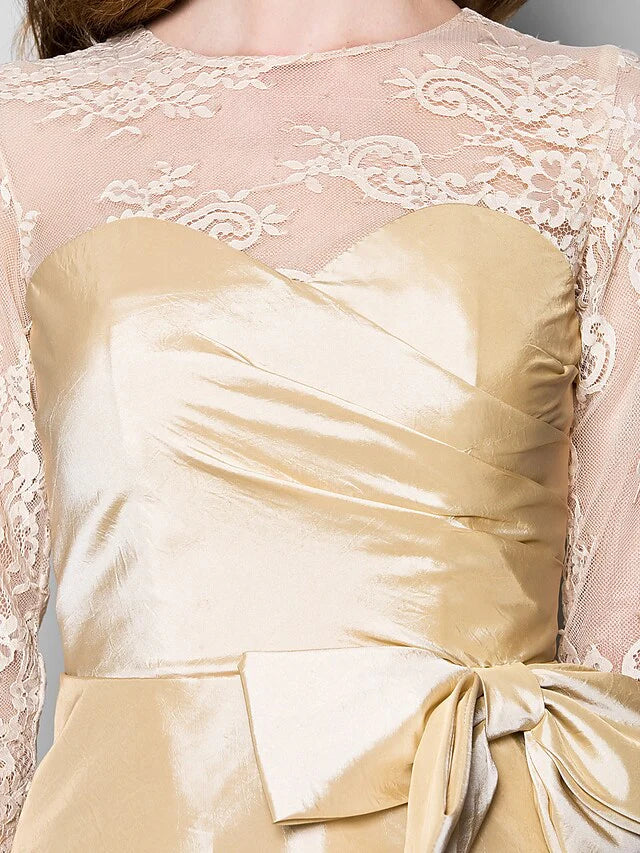 Wholesale Mother of the Bride Dress Vintage Inspired Jewel Neck Knee Length Lace Taffeta 3/4 Length Sleeve with Bow(s) Side Draping